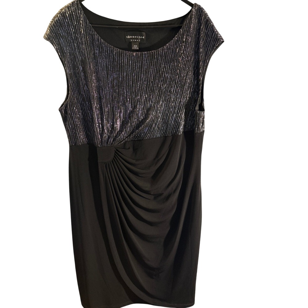 Connected Woman Metallic Silver Black Pleated Draped Sheath Dress Plus Size 18W